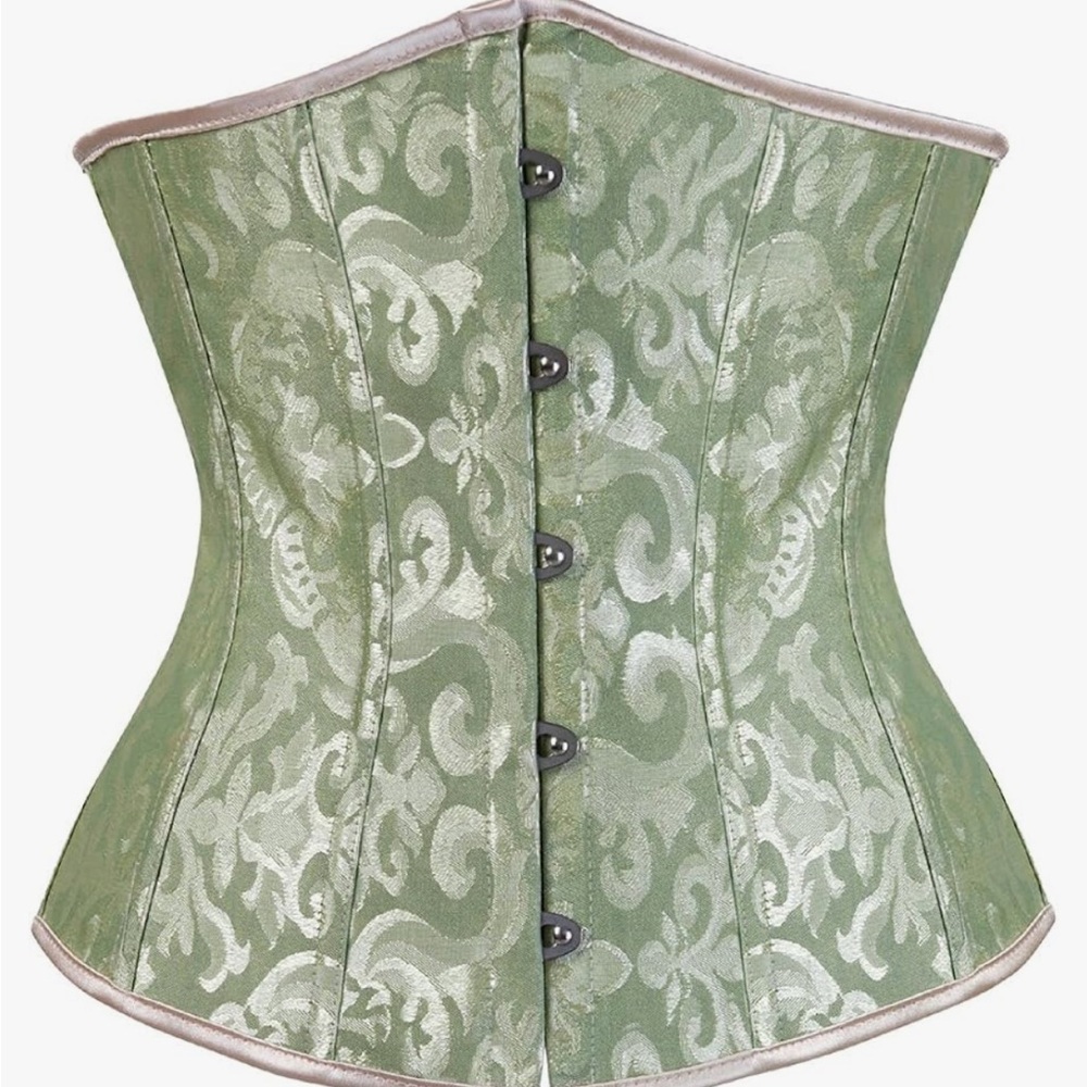 Lace up bonded underbust waist trainer renaissance floral green corset